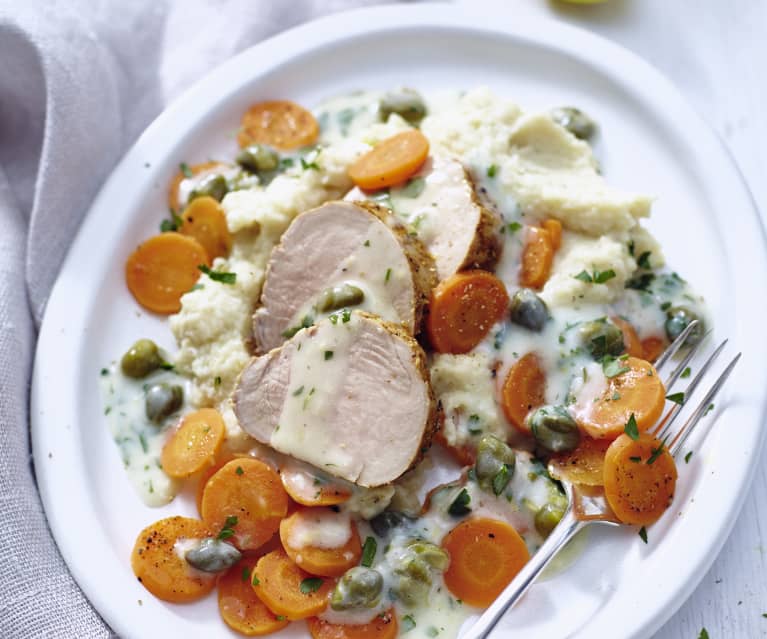 Polędwiczki wieprzowe z selerowym purée i sosem kaparowo-cytrynowym Polędwiczki wieprzowe z selerowym purée i sosem kaparowo-cytrynowym