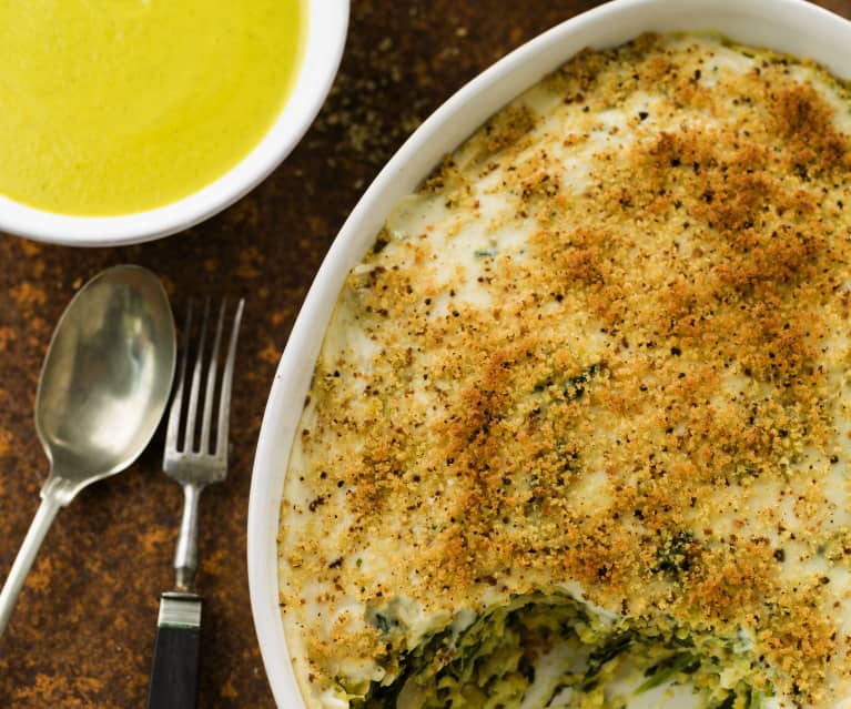 Gratin z dorsza ze szpinakiem i zupa krem z marchewki i cukinii Gratin z dorsza ze szpinakiem i zupa krem z marchewki i cukinii