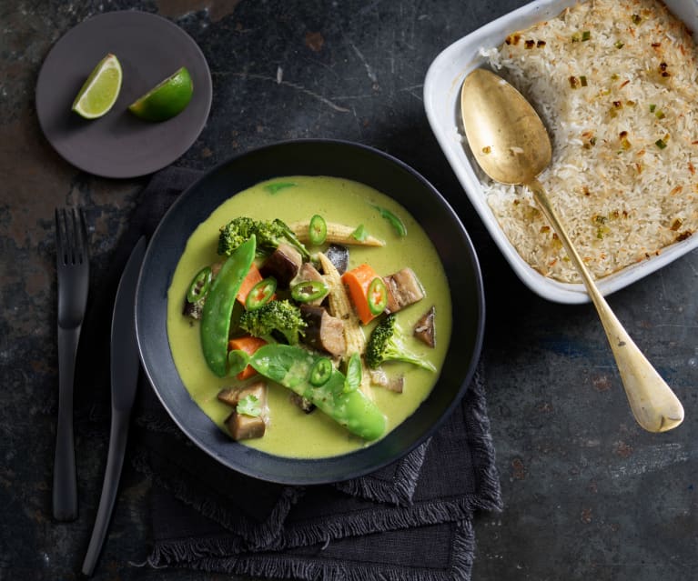 Pikantne zielone curry z pieczonym ryżem Pikantne zielone curry z pieczonym ryżem