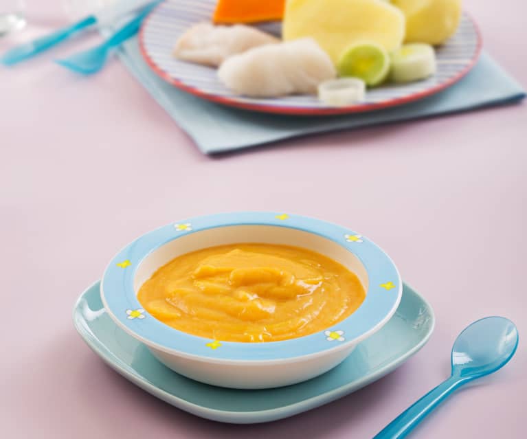 Purée dyniowe z ziemniakami, porem i morszczukiem (dla dzieci) Purée dyniowe z ziemniakami, porem i morszczukiem (dla dzieci)